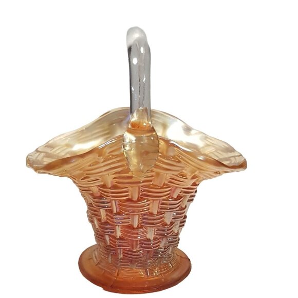Carnival Glass Basket Candy Dish Basketweave Applied Clear Handle 6" - Picture 4 of 10